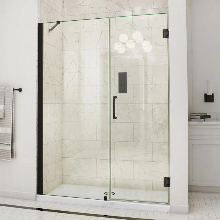 Unidoor 57" W x 72" H Hinged Frameless Shower Door and Fixed Panel with ClearMax Glass Treatment