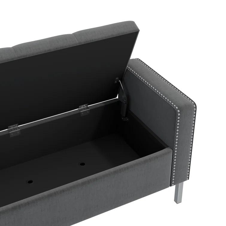 Square Arm Tufted Top Storage Ottoman with Pewter Nailhead Trim in Plush Velvet