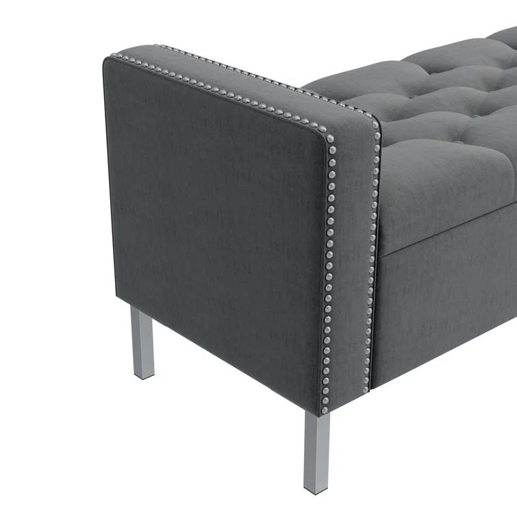 Square Arm Tufted Top Storage Ottoman with Pewter Nailhead Trim in Plush Velvet