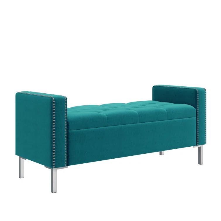 Square Arm Tufted Top Storage Ottoman with Pewter Nailhead Trim in Plush Velvet