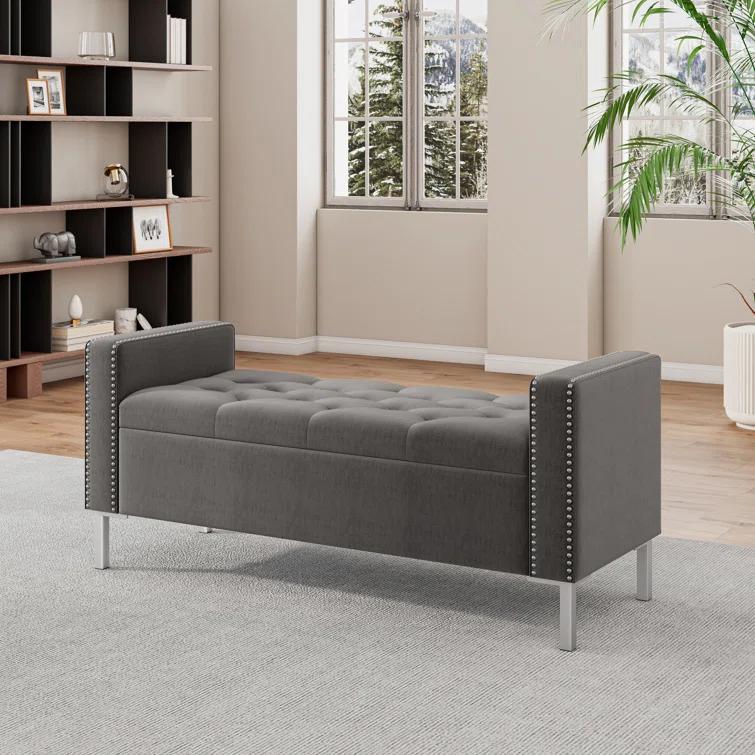 Square Arm Tufted Top Storage Ottoman with Pewter Nailhead Trim in Plush Velvet