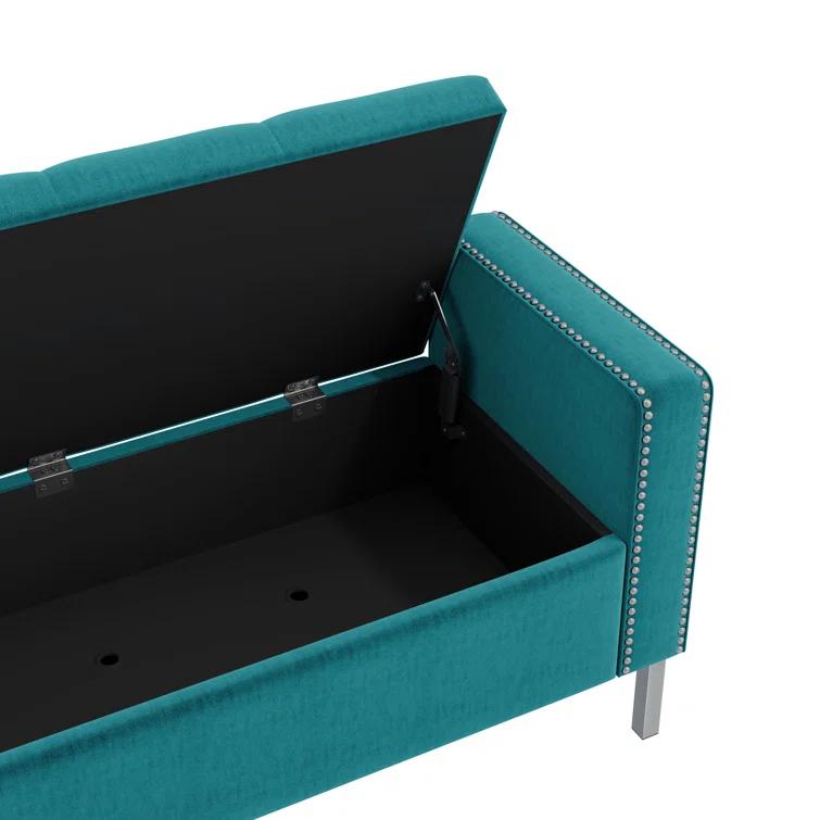 Square Arm Tufted Top Storage Ottoman with Pewter Nailhead Trim in Plush Velvet