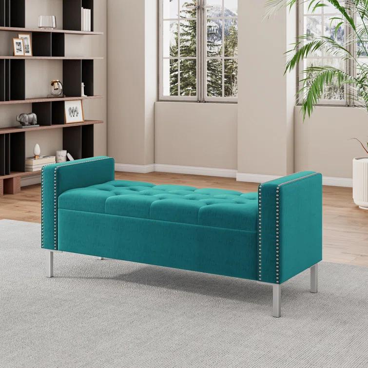 Square Arm Tufted Top Storage Ottoman with Pewter Nailhead Trim in Plush Velvet