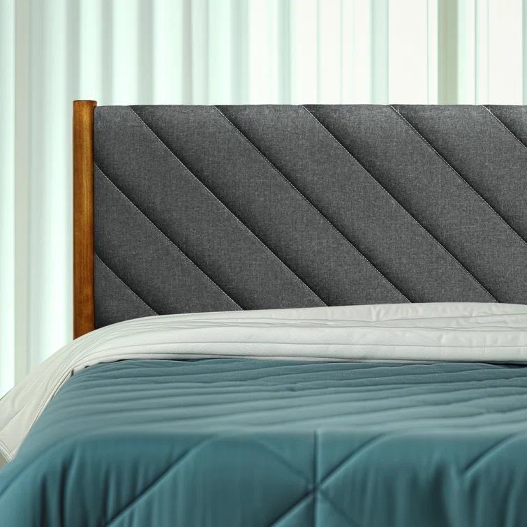 Felisha Solid Wood King Upholstered Bed Frame with Fabric Headboard, Contemporary Modern Upholstered Platform Bed