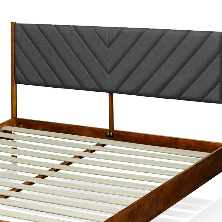 Felisha Solid Wood King Upholstered Bed Frame with Fabric Headboard, Contemporary Modern Upholstered Platform Bed