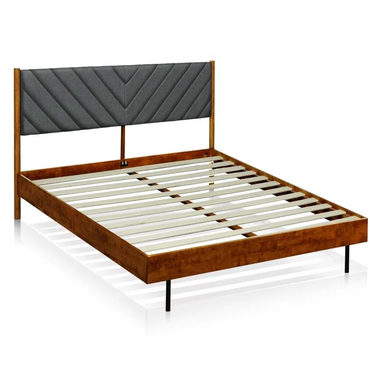 Felisha Solid Wood King Upholstered Bed Frame with Fabric Headboard, Contemporary Modern Upholstered Platform Bed