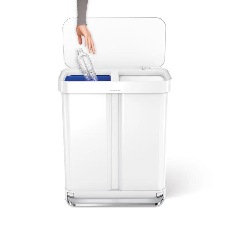 Simplehuman 58 Liter Recycling Kitchen Trash Can with Liner Pocket, White Steel