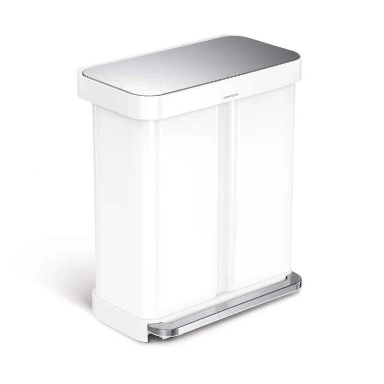 Simplehuman 58 Liter Recycling Kitchen Trash Can with Liner Pocket, White Steel