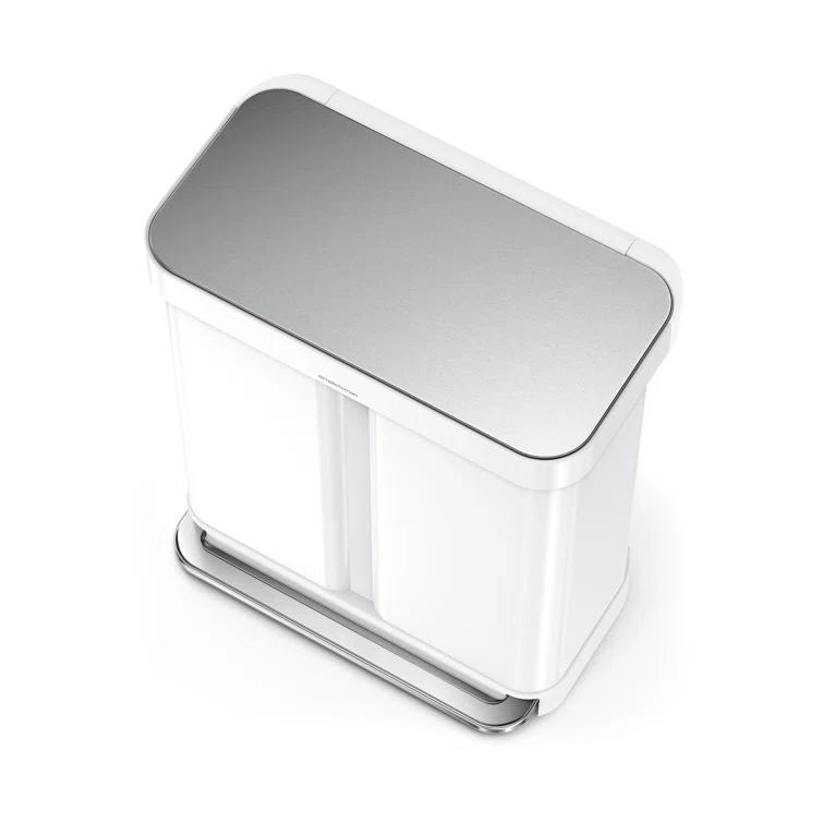 Simplehuman 58 Liter Recycling Kitchen Trash Can with Liner Pocket, White Steel