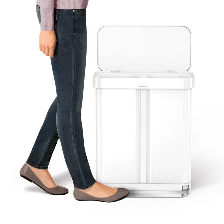 Simplehuman 58 Liter Recycling Kitchen Trash Can with Liner Pocket, White Steel