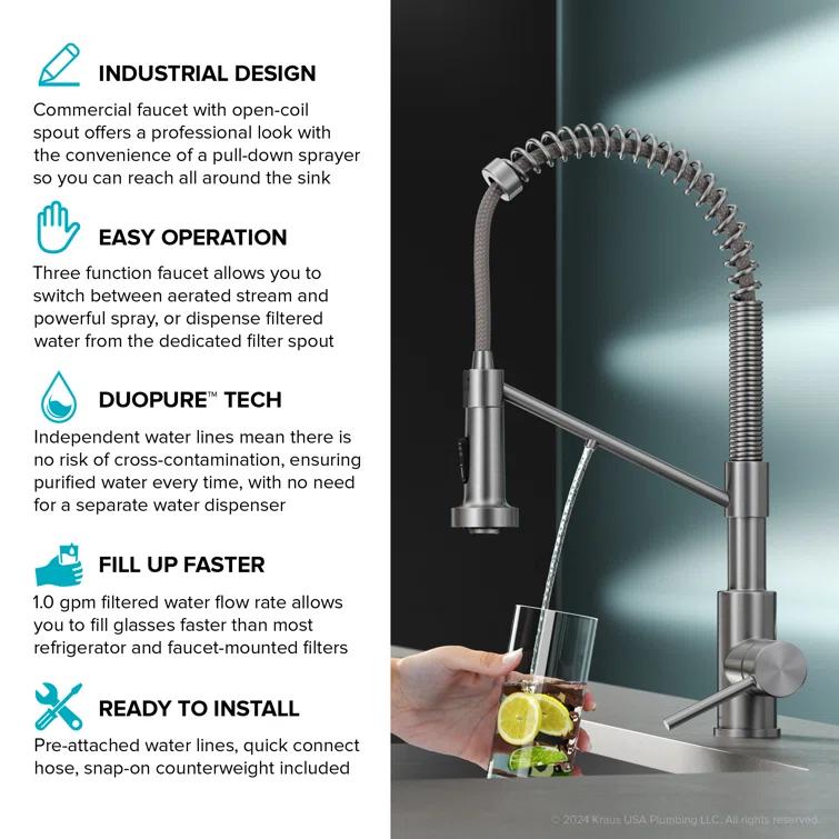 KRAUS Bolden 2-in-1 Commercial Style Pull-Down Single Handle Water Filter Kitchen Faucet for Reverse Osmosis or Water Filtration System