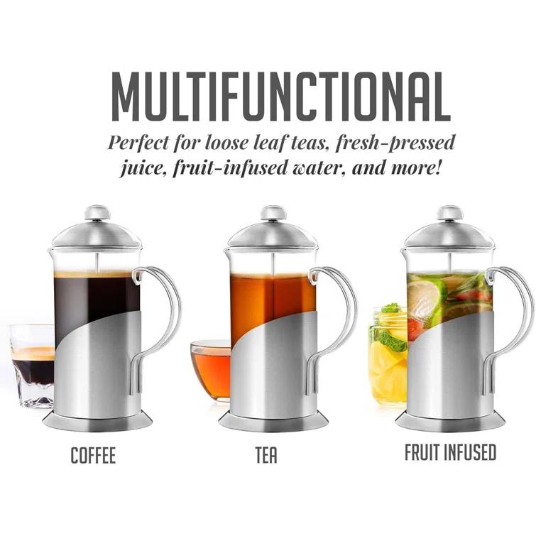 OVENTE French Press Coffee Maker, 4 Level Stainless Steel Filter System, Borosilicate Heat Resistant Glass Carafe with Free Measuring Scoop, Silver