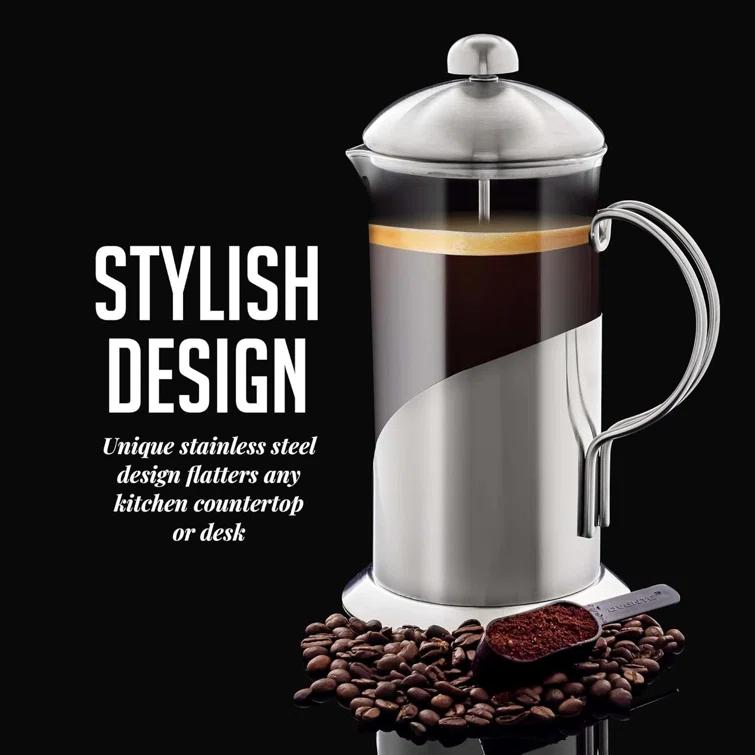 OVENTE French Press Coffee Maker, 4 Level Stainless Steel Filter System, Borosilicate Heat Resistant Glass Carafe with Free Measuring Scoop, Silver