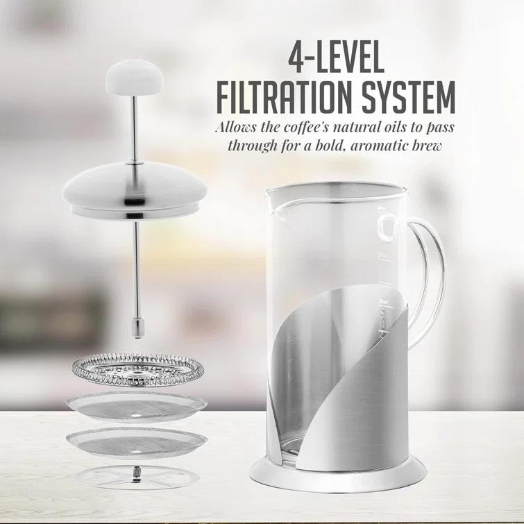 OVENTE French Press Coffee Maker, 4 Level Stainless Steel Filter System, Borosilicate Heat Resistant Glass Carafe with Free Measuring Scoop, Silver