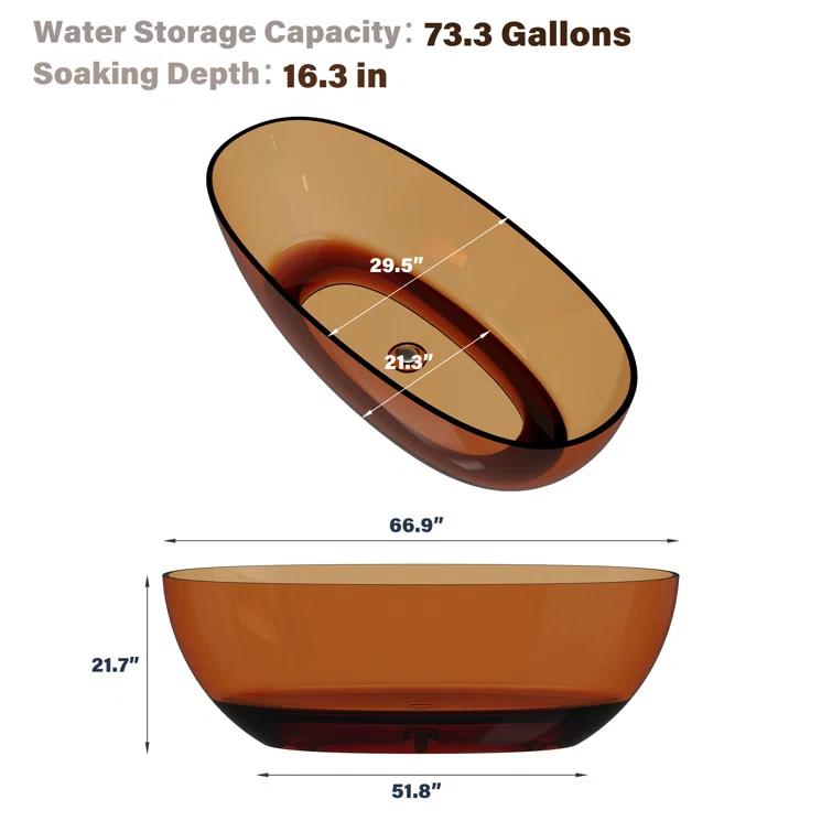 Marfa 67'' x 30'' Runway Semi Transparent Resin Freestanding Soaking Bathtub