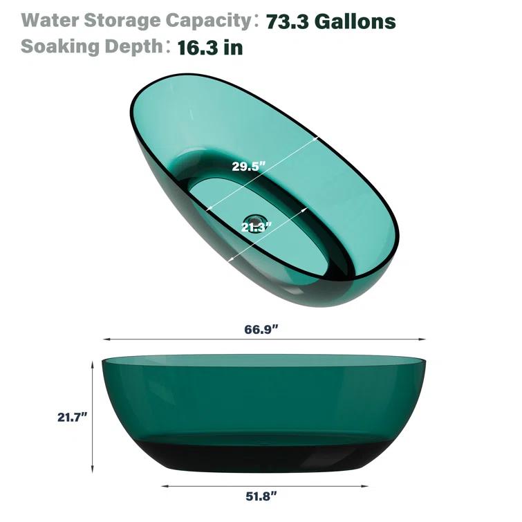 67'' x 30'' Runway Semi Transparent Resin Freestanding Soaking Bathtub