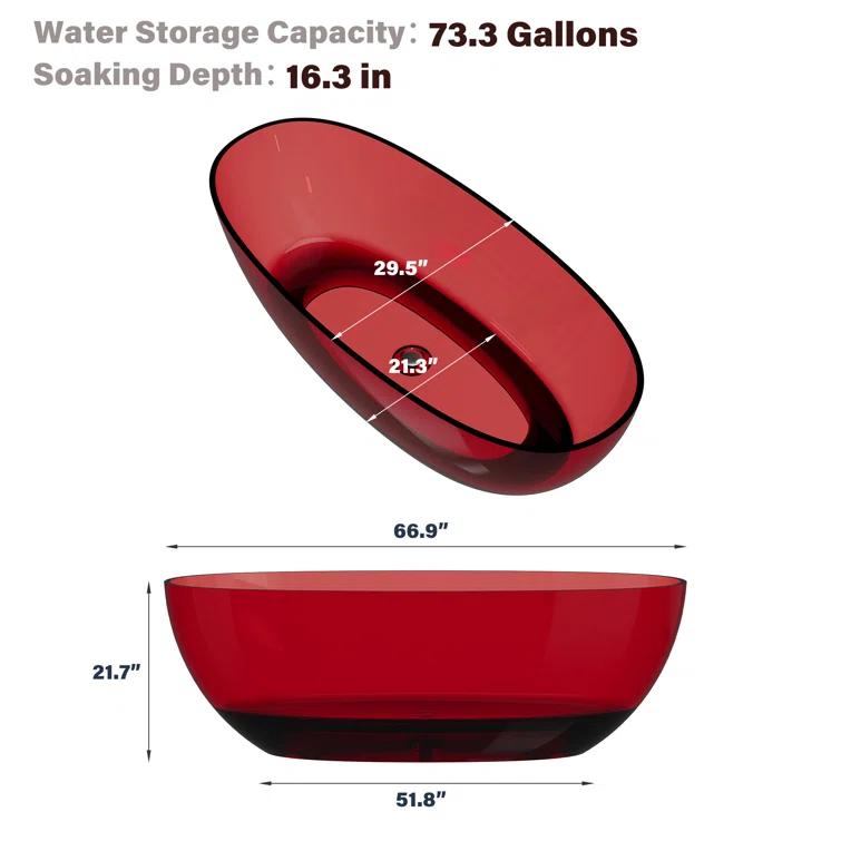 67'' x 30'' Runway Semi Transparent Resin Freestanding Soaking Bathtub