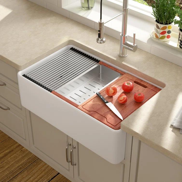 33"L x 20"W Farmhouse Kitchen Sink Deep Single Bowl Fireclay Workstation Sink with Cutting Board and Dish Drying Rack