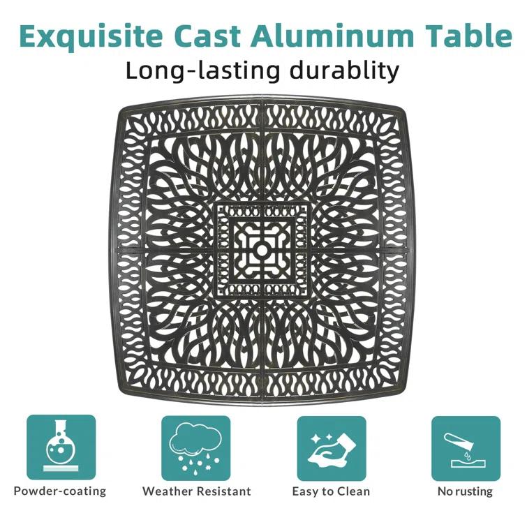 9-Piece Outdoor Patio Dining Set For 8, All Weather Cast Aluminum Patio Funiture Table And Chairs Set- Large 64" Square Table And 2 Swivel Rocker Chairs, 6 Stationary Chairs, 2.2" Umbrella Hole