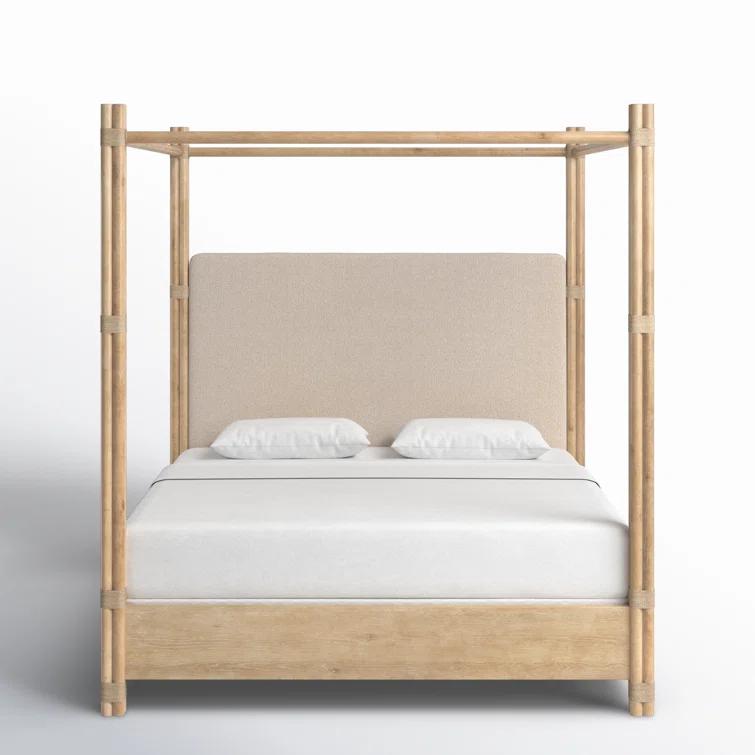 Beige Upholstered California King Canopy Bed with Wood Frame