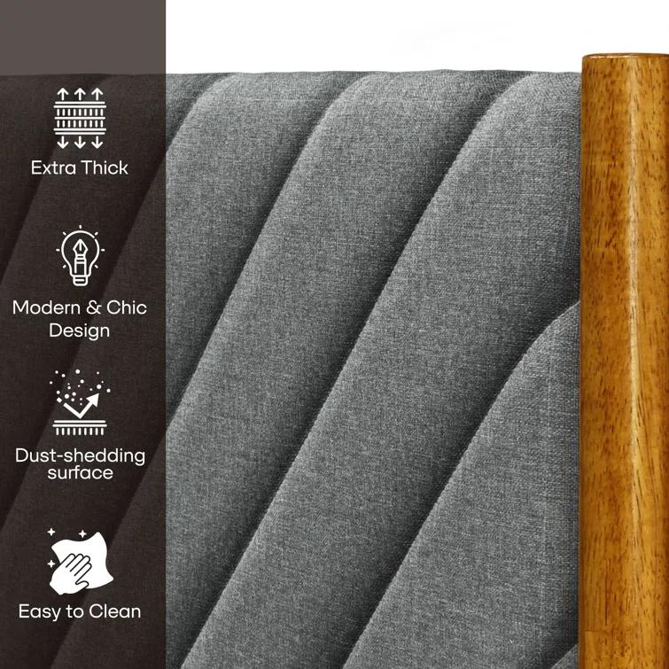 Felisha Solid Wood King Upholstered Bed Frame with Fabric Headboard, Contemporary Modern Upholstered Platform Bed