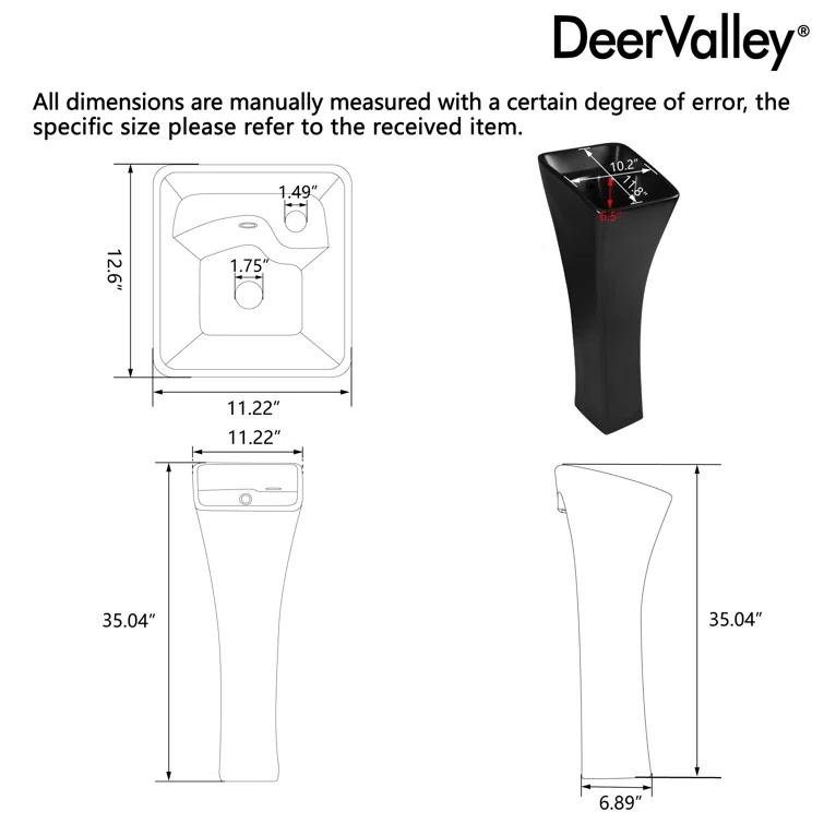 Deervalley Small Pedestal Bathroom Sink 11"L X 13"W X 35"H Ceramic One Piece Bath Sink With Overflow