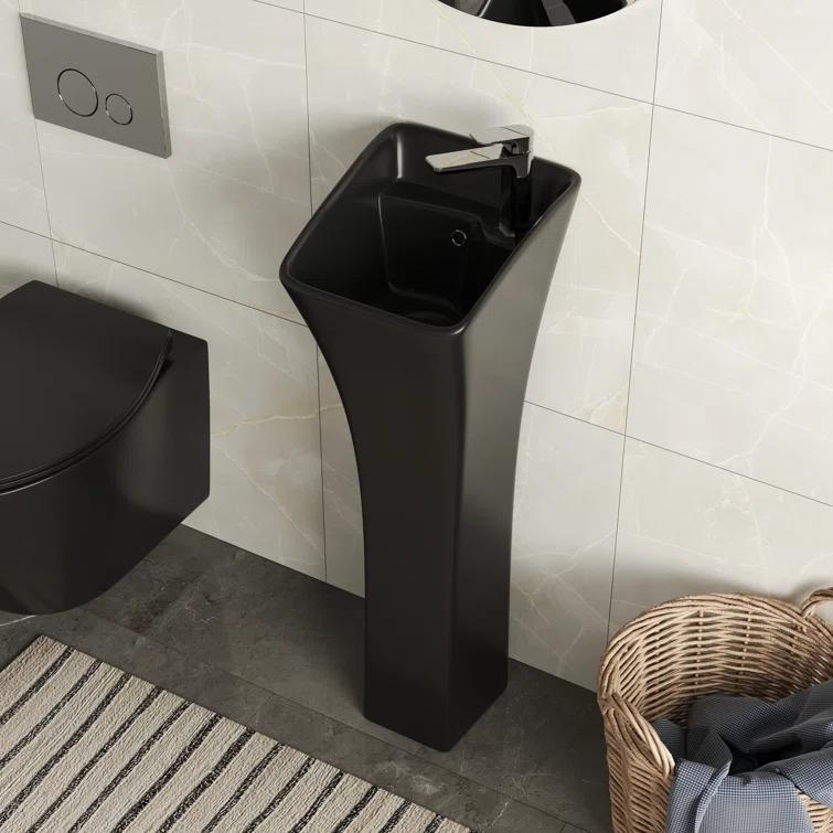 Deervalley Small Pedestal Bathroom Sink 11"L X 13"W X 35"H Ceramic One Piece Bath Sink With Overflow