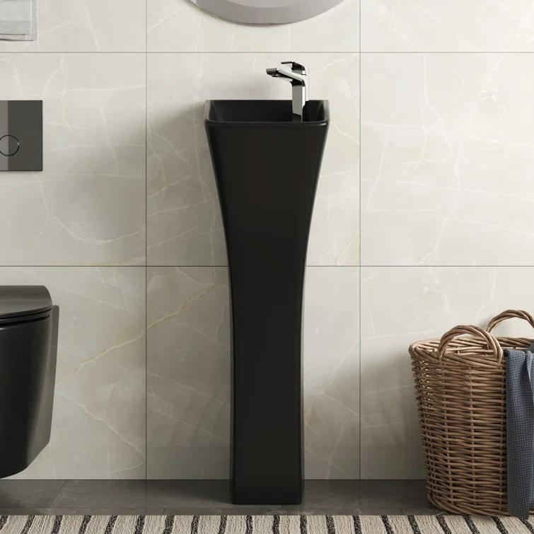 Deervalley Small Pedestal Bathroom Sink 11"L X 13"W X 35"H Ceramic One Piece Bath Sink With Overflow