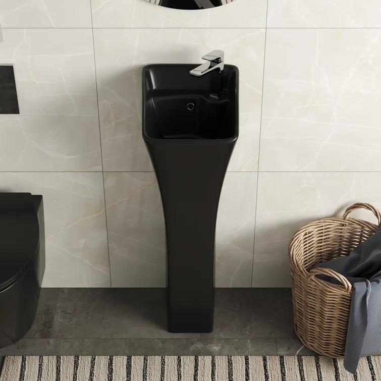 Deervalley Small Pedestal Bathroom Sink 11"L X 13"W X 35"H Ceramic One Piece Bath Sink With Overflow