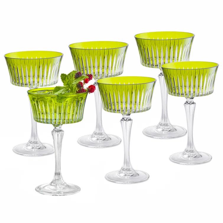 Green European Crystal Champagne Coupe Glasses, Set of 6