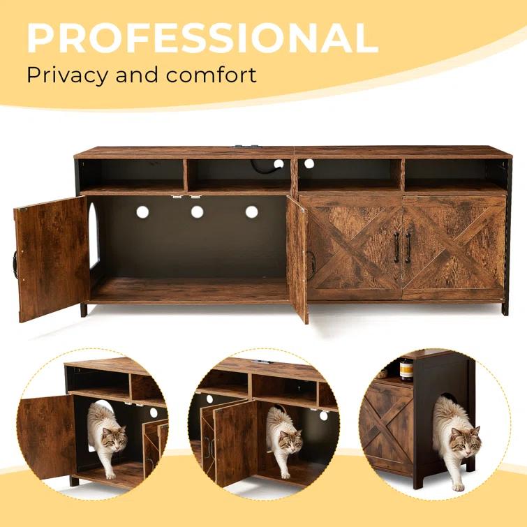 63"W TV Stand Furniture & Hidden Litter Box Enclosure & Double Litter Box For 2 Cats, Farmhouse Inclosed Litter Boxes For Cats with Outlet Power