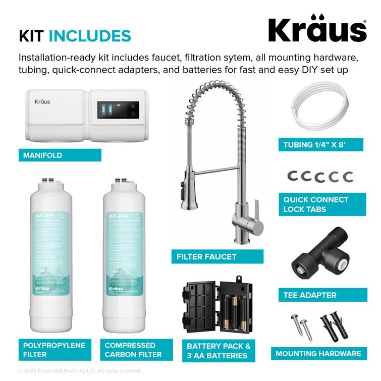 KRAUS Britt 2-In-1 Commercial Style Pull-Down Single Handle Water Filter Kitchen Faucet In Spot-Free With Purita 2-Stage Under-Sink Filtration System