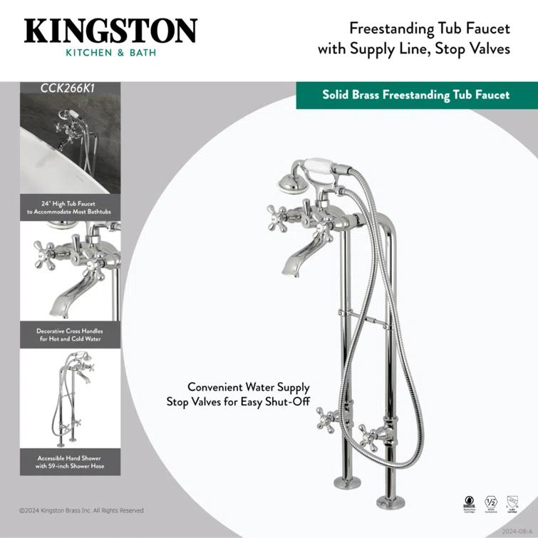Kingston Brass Kingston Three-Handle 2-Hole Freestanding Tub Faucet with Supply Line and Stop Valve