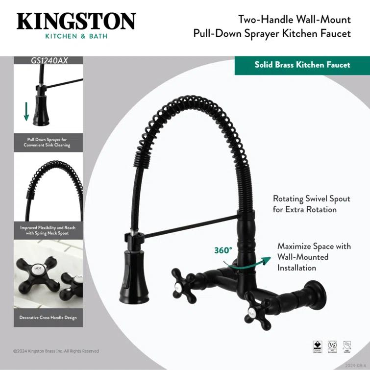 Kingston Brass Heritage Double-Handle 2-Hole Wall-Mount Pre-Rinse Bridge Kitchen Faucet