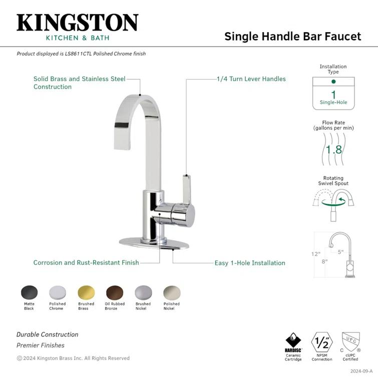 Kingston Brass Continental Single-Handle 1-Hole Deck Mount Bar Faucet