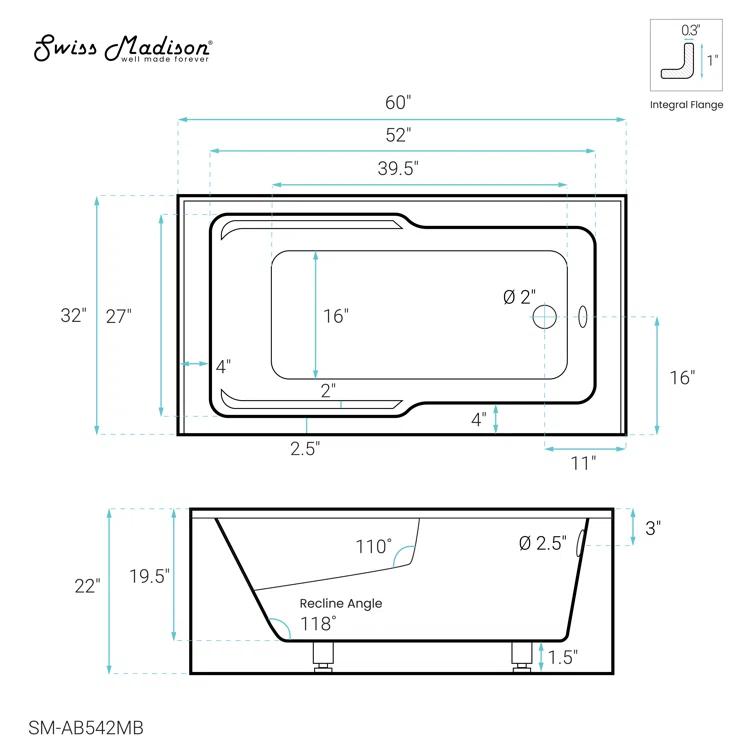 Voltaire 60" x 32" Alcove Bathtub with Apron