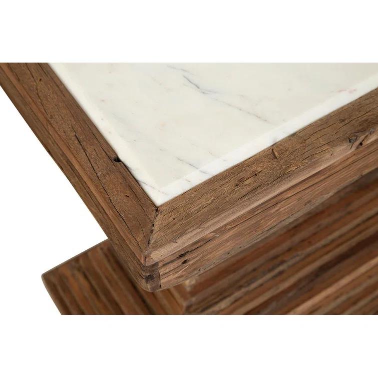 Rustic Pine Wood Console Table with White Marble Top