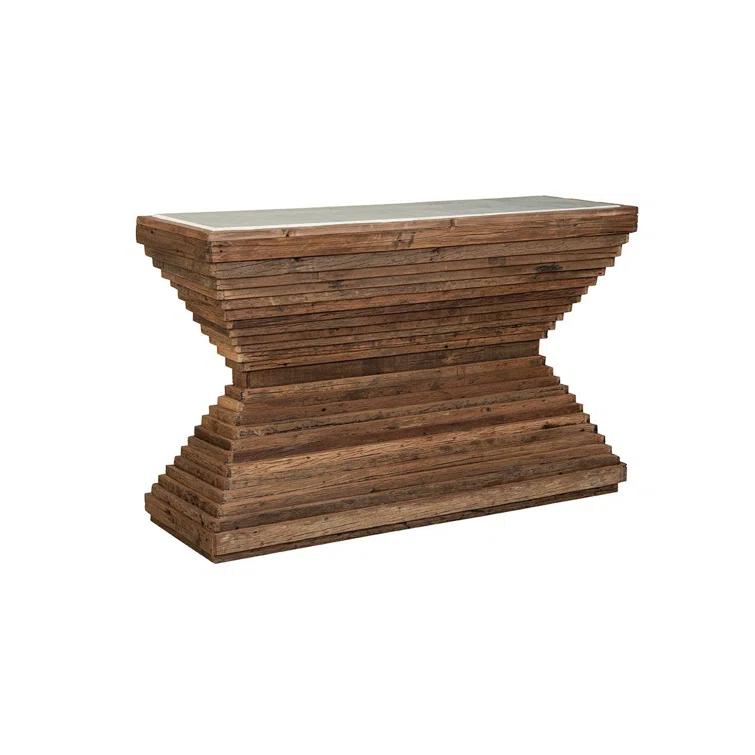 Rustic Pine Wood Console Table with White Marble Top