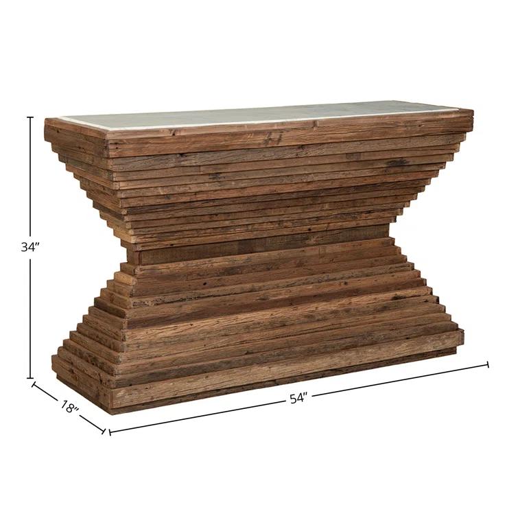 Rustic Pine Wood Console Table with White Marble Top