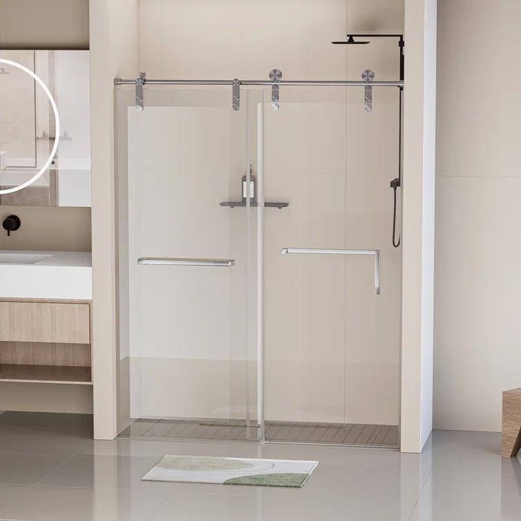 Frameless Single Sliding Shower Door, 5/16" (8Mm) Clear Tempered Glass With Explosion-Proof Film, Brushed Nickel Finish, Stainless Steel Hardware