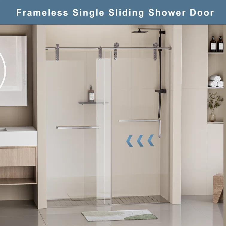 Frameless Single Sliding Shower Door, 5/16" (8Mm) Clear Tempered Glass With Explosion-Proof Film, Brushed Nickel Finish, Stainless Steel Hardware