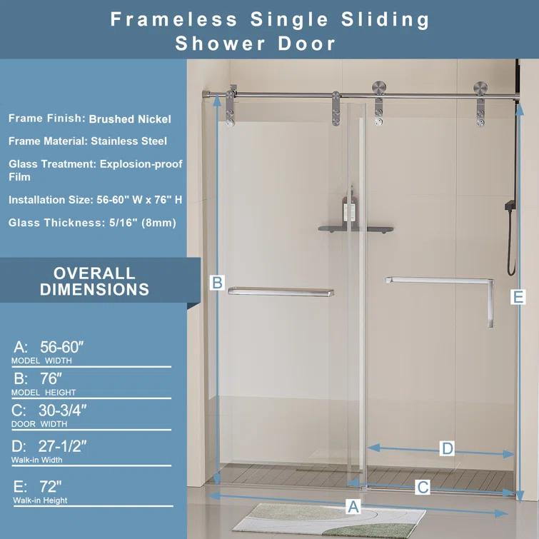 Frameless Single Sliding Shower Door, 5/16" (8Mm) Clear Tempered Glass With Explosion-Proof Film, Brushed Nickel Finish, Stainless Steel Hardware