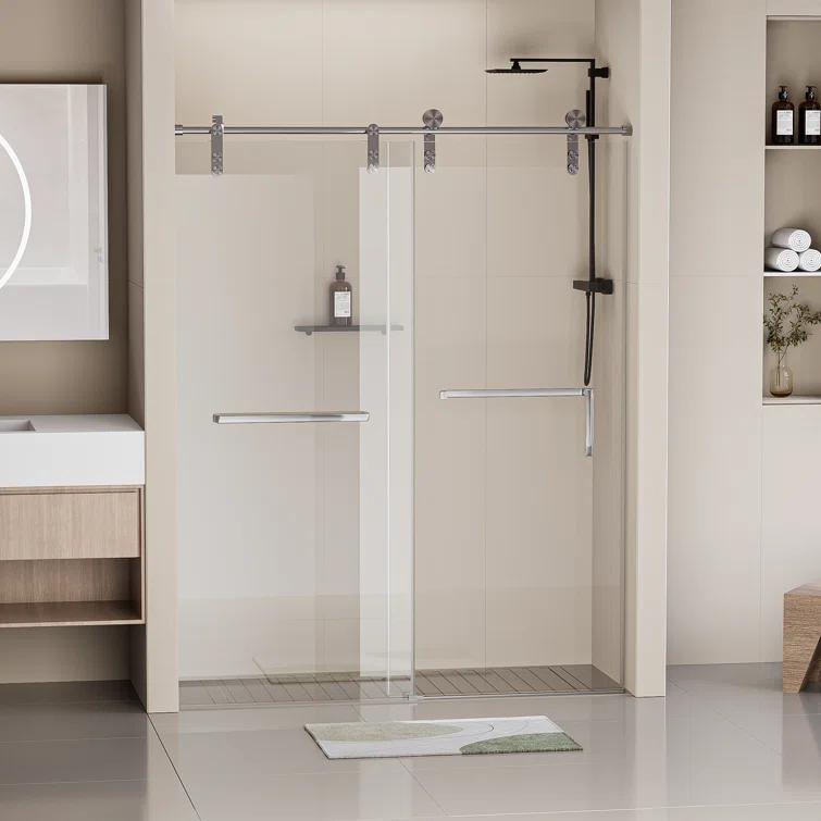 Frameless Single Sliding Shower Door, 5/16" (8Mm) Clear Tempered Glass With Explosion-Proof Film, Brushed Nickel Finish, Stainless Steel Hardware