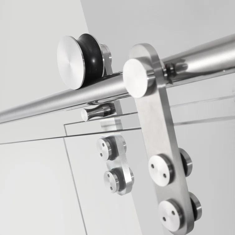 Frameless Single Sliding Shower Door, 5/16" (8Mm) Clear Tempered Glass With Explosion-Proof Film, Brushed Nickel Finish, Stainless Steel Hardware