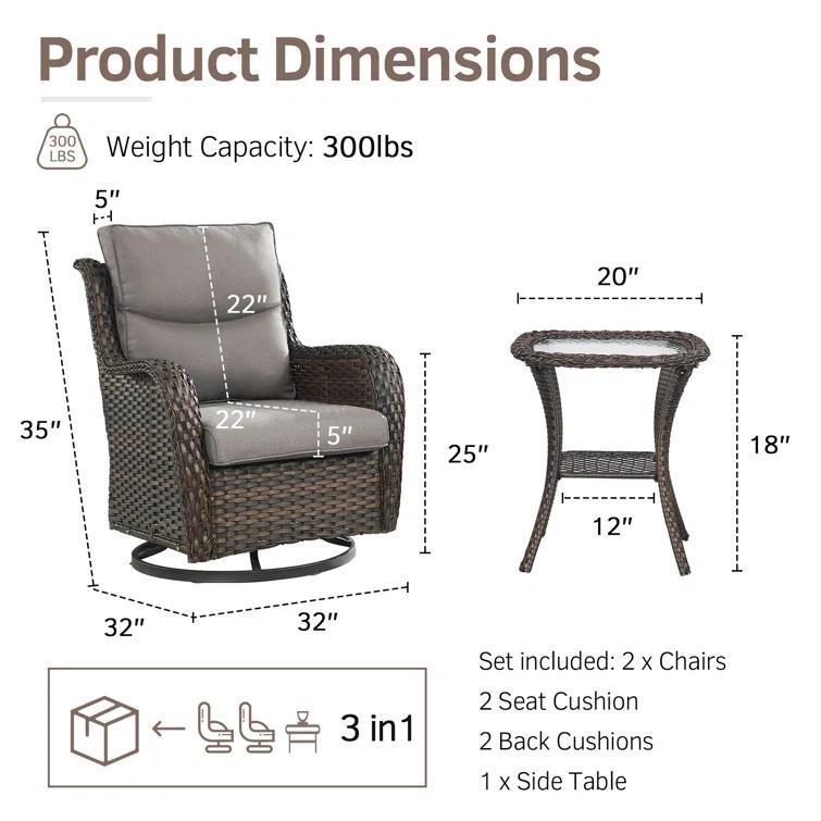 Simle 2 - Person Outdoor Seating Group PE Wicker Swivel Glider Chair With Cushions And Side Table