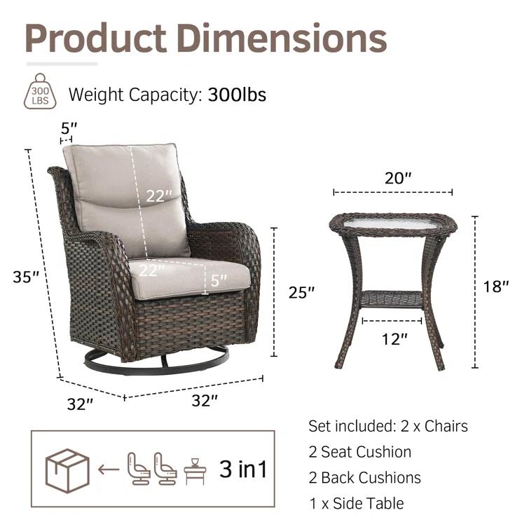 Simle 2 - Person Outdoor Seating Group PE Wicker Swivel Glider Chair With Cushions And Side Table