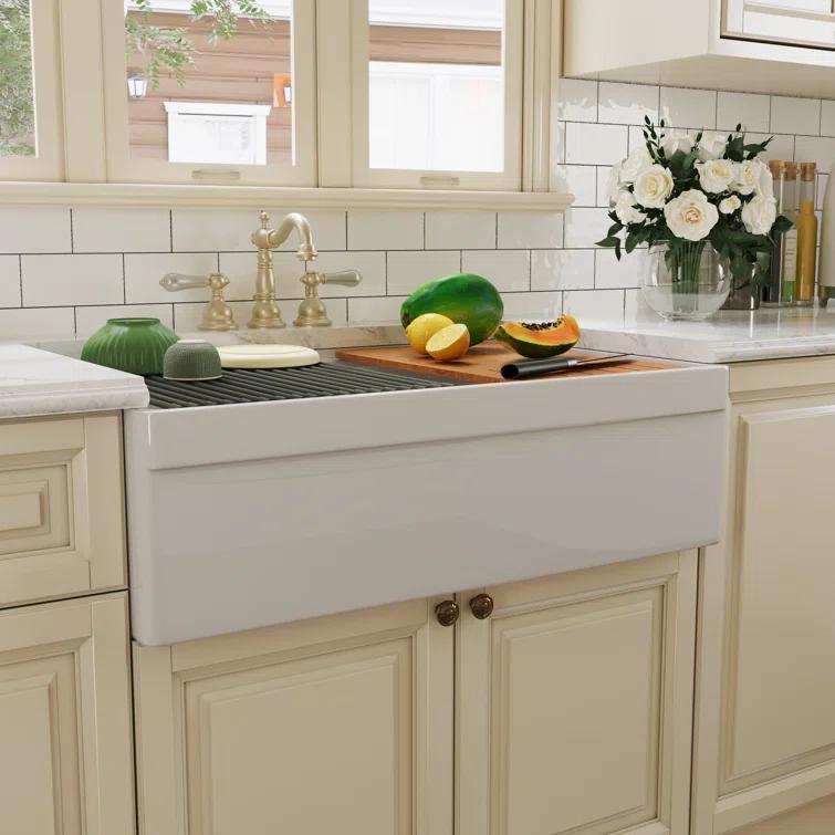 33" L X 20" W White Fireclay Double Bowl Workstation Farmhouse Kitchen Sink with Cutting Board And Dish-Drying Rack