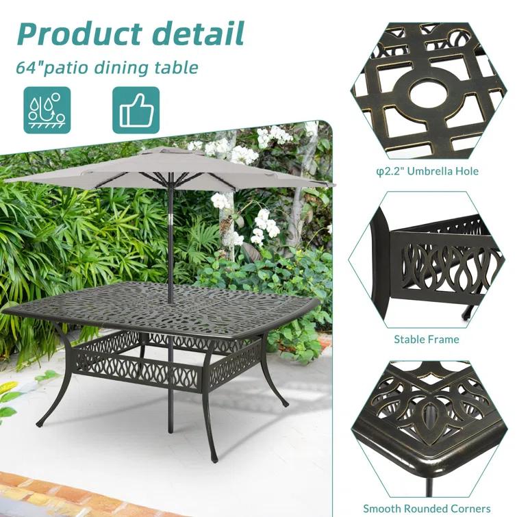 9-Piece Outdoor Patio Dining Set For 8, All Weather Cast Aluminum Patio Funiture Table And Chairs Set- Large 64" Square Table And 2 Swivel Rocker Chairs, 6 Stationary Chairs, 2.2" Umbrella Hole