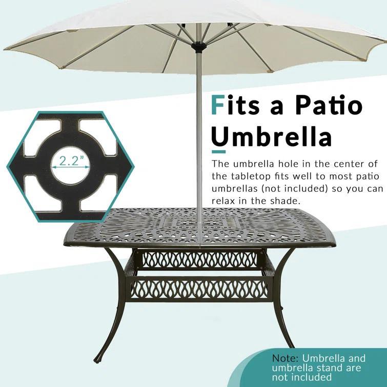 9-Piece Outdoor Patio Dining Set For 8, All Weather Cast Aluminum Patio Funiture Table And Chairs Set- Large 64" Square Table And 2 Swivel Rocker Chairs, 6 Stationary Chairs, 2.2" Umbrella Hole