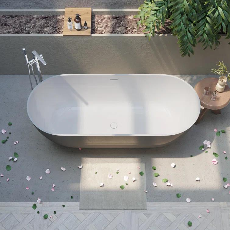 59" x 30" Freestanding Soaking Solid Surface Bathtub Stone Resin Bath Tub with Overflow and Pop-up Drain for Contemporary Bathroom, Glossy/Matte White